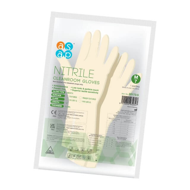 ASAP White Cleanroom Nitrile Gloves, PF Class 100 / ISO 5 50 Pairs