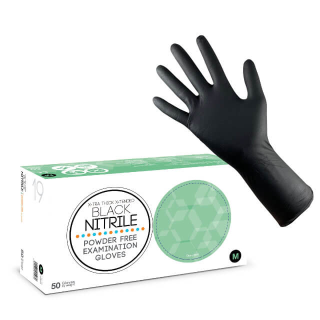 Black Extended Cuff Nitrile Gloves Powder Free - Extra Thick | EN374 & EN455 50 Pack - S, M, L, XL